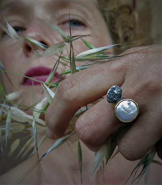 Anello Perla e Pepita in Argento 925 Brunita